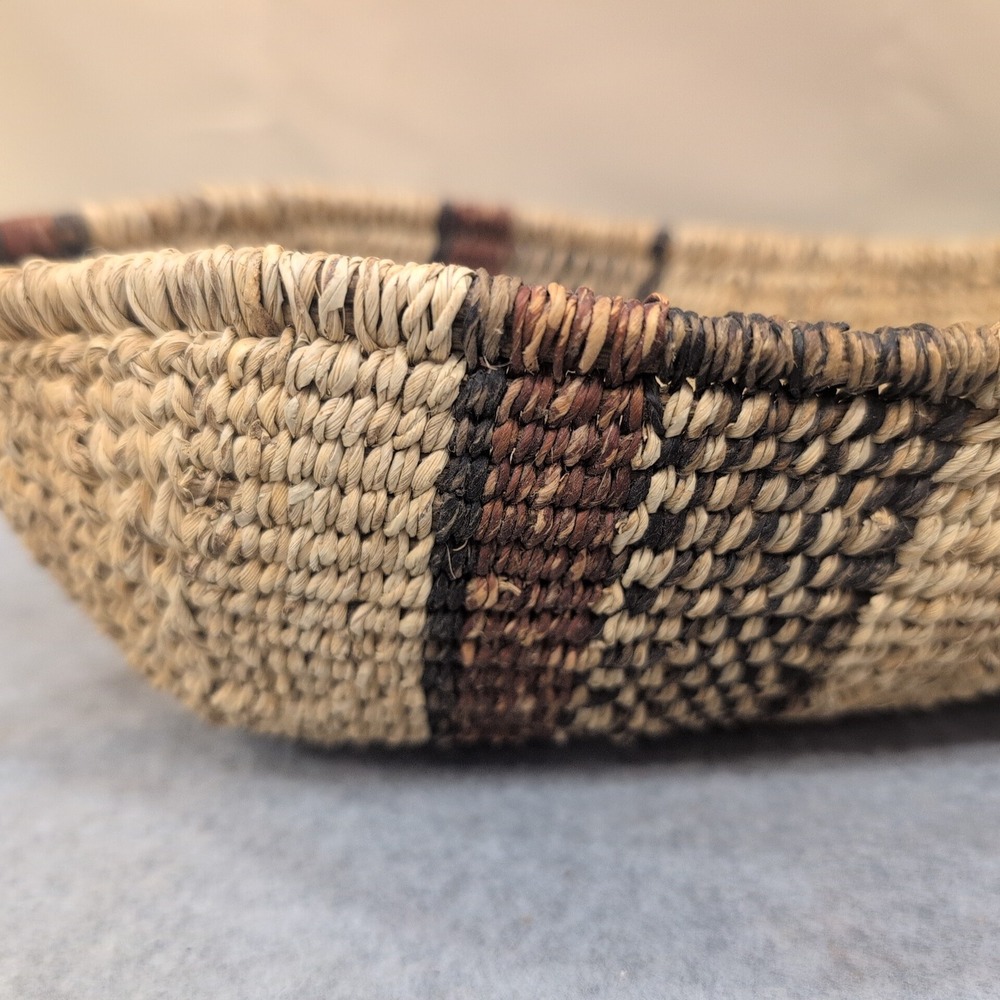 Ethiopian Handwoven Basket Boat Shaped Natural Fiber Striped Brown Tan - Picture 5 of 10